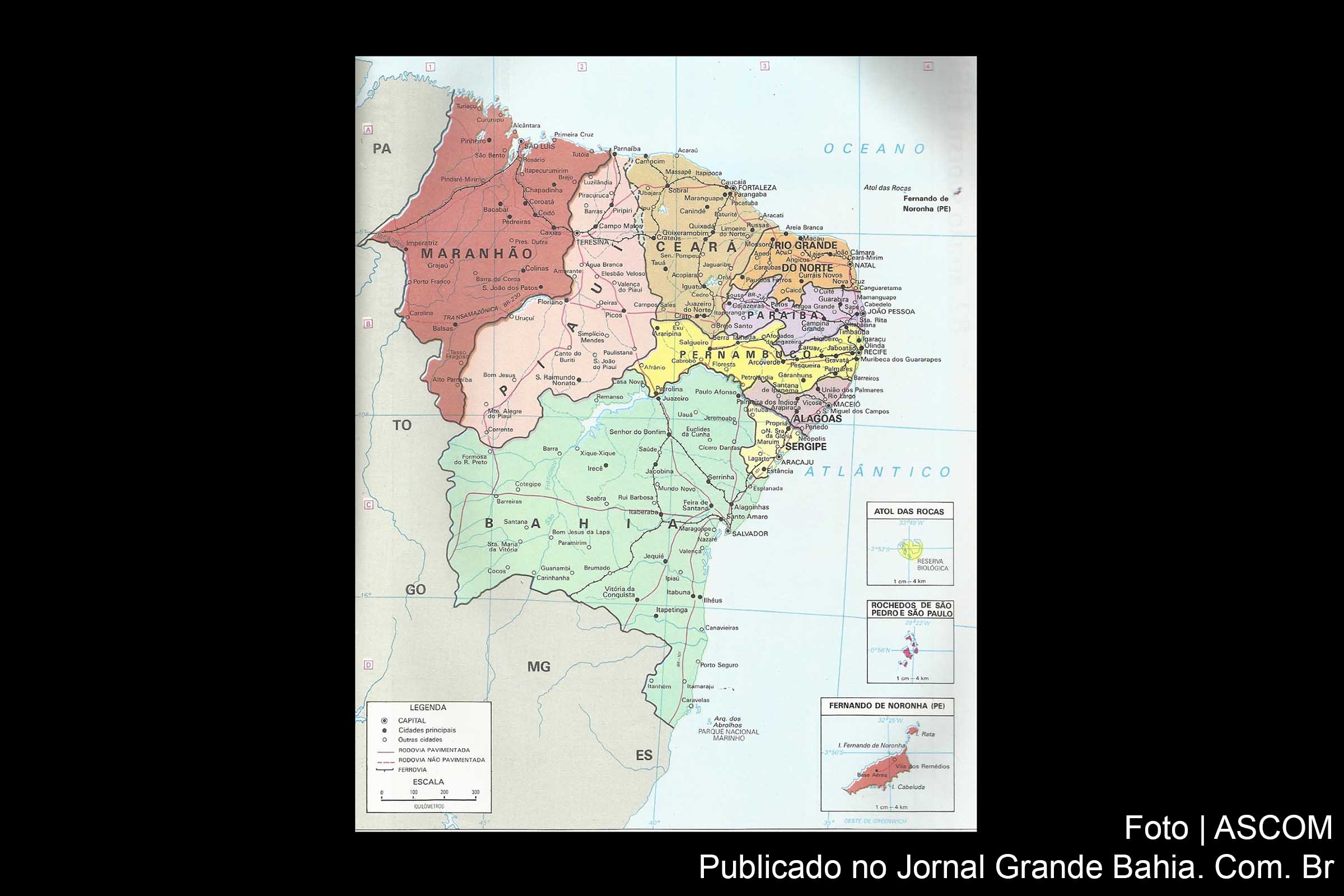 Mapa do Nordeste do Brasil.