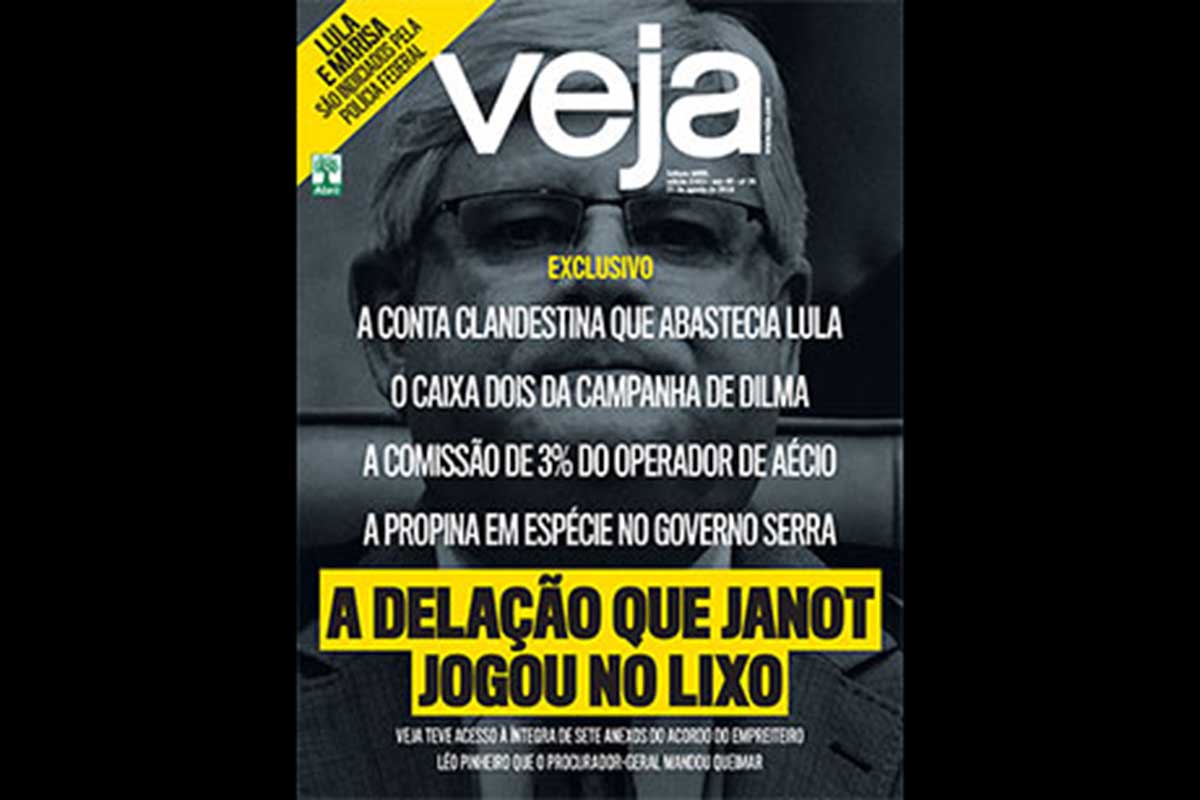 Capa da revista Veja com Rodrigo Janot. PGR anula acordo do empreiteiro Léo Pinheiro, da OAS, descartando revelações contra os senadores Aécio Neves e José Serra, além de membros do PT.
