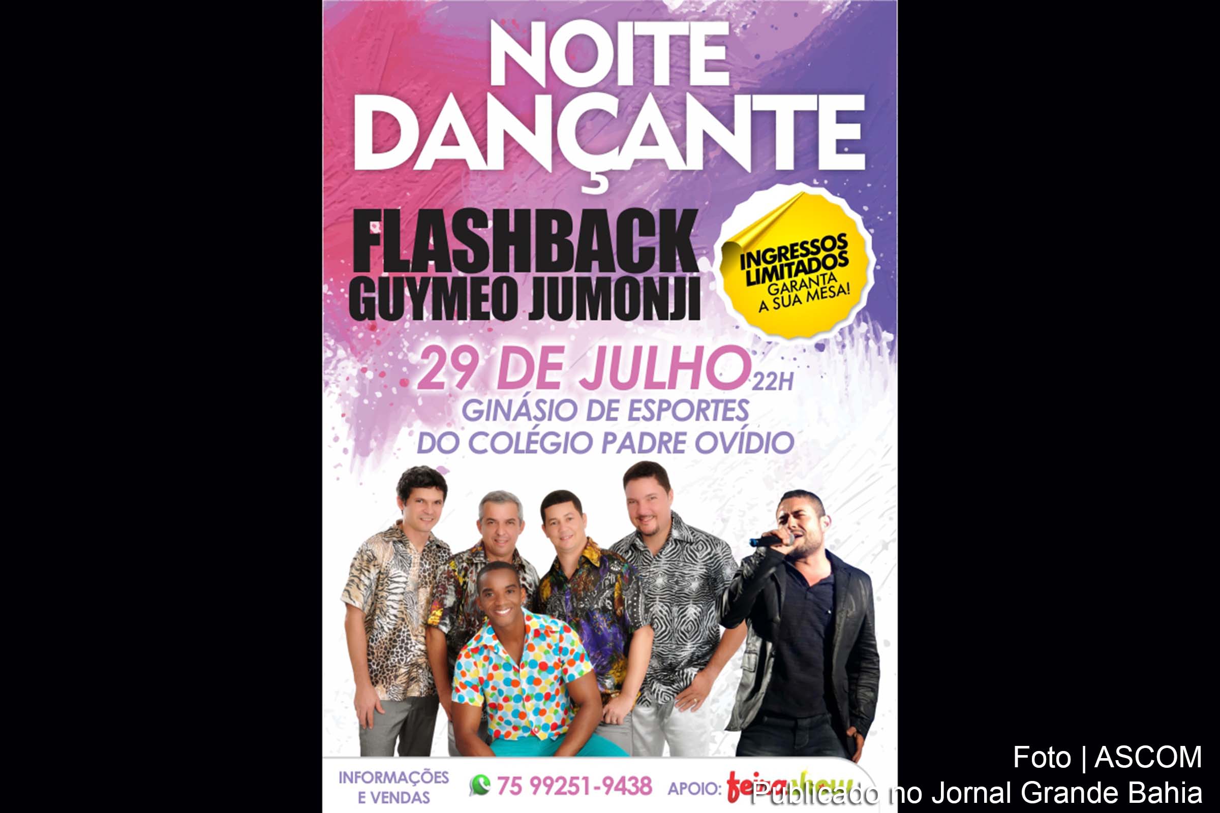 Cartaz anuncia show 'Noite Dancante', com Banda Flashback e Guymeo Jumonji.
