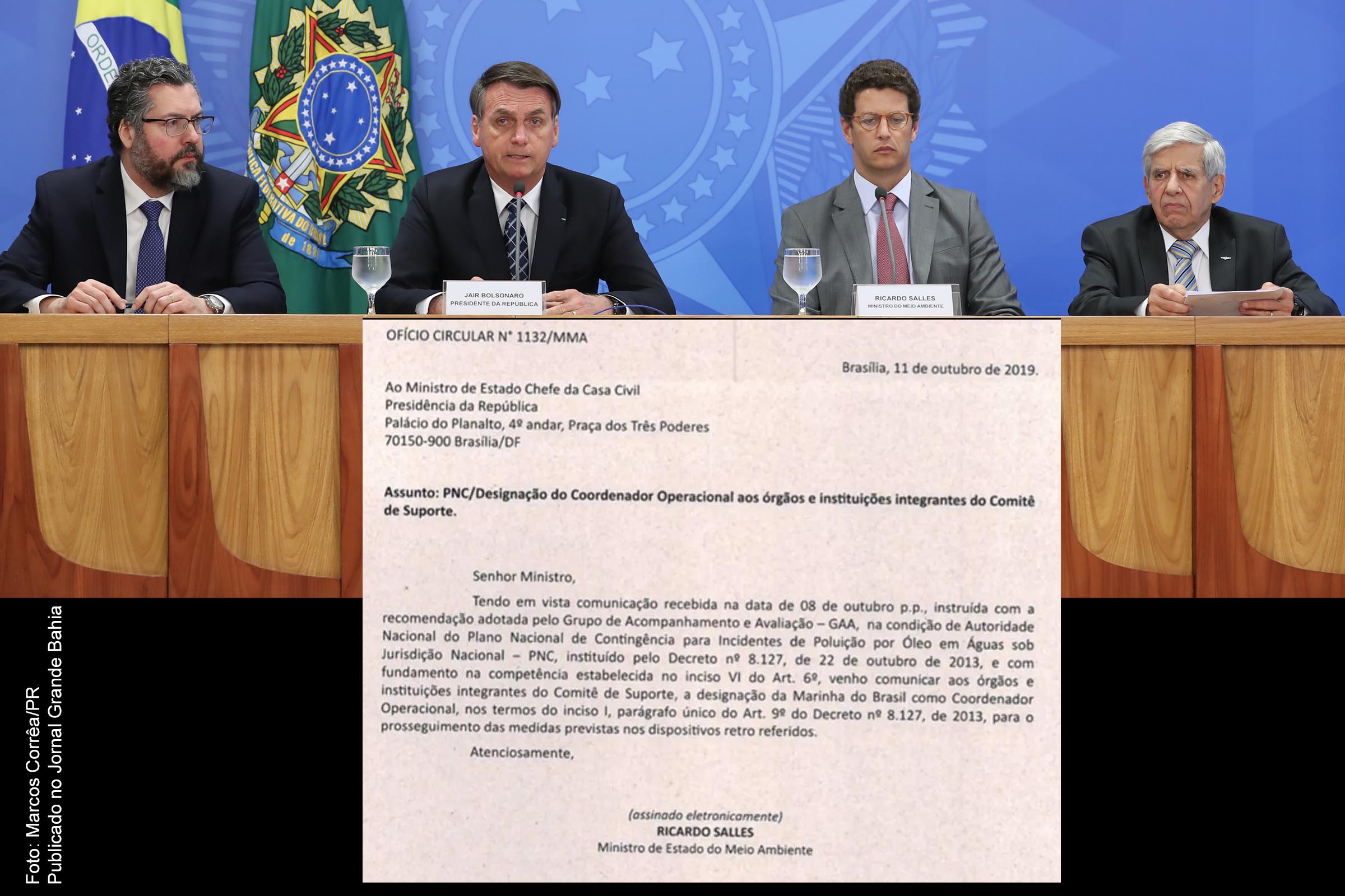 Ao centro, presidente Jair Bolsonaro (PSL-RJ) e ministro Ricardo Salle (Novo-SP). Documento comprova inapetência e negligência do ministro do Meio Ambiente em lidar com degradação ambiental proveniente do óleo despejado em alto-mar, que atingiu zona costeira do Nordeste.