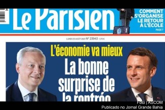 Capa do jornal Le Parisien com o ministro da Economia e das Finanças (à esquerda) e o presidente Emmanuel Macron.