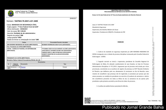 Página do Parecer do MPF rejeitando tentativa de Jimi Hendrex Medeiros voltar à presidência do Coren Bahia.