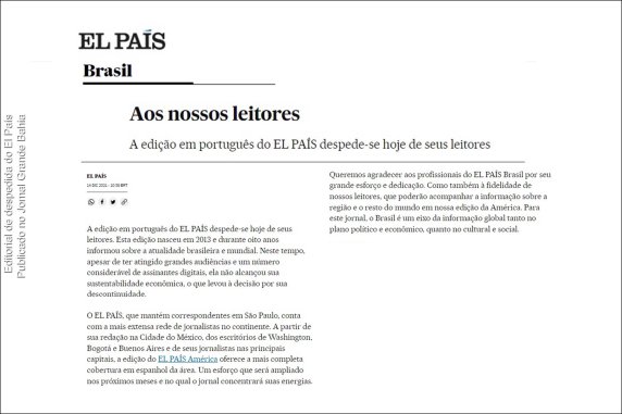 Editorial de despedida do El País, publicado na quarta-feira (14/12/2021).