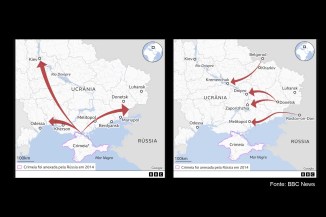 Infográficos apresentam posição militar da Rússia contra as forças da Ucrânia. Dados de inteligência mostram que unidades do Exército ucraniano deixam posições, diz Governo Putin.