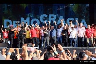 Lula e presidentes das Centrais Sindicais no 1º de Maio, em São Paulo.