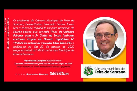 Convite da outorga de título de Cidadão Feirense ao empresário Carlos de Souza Andrade.